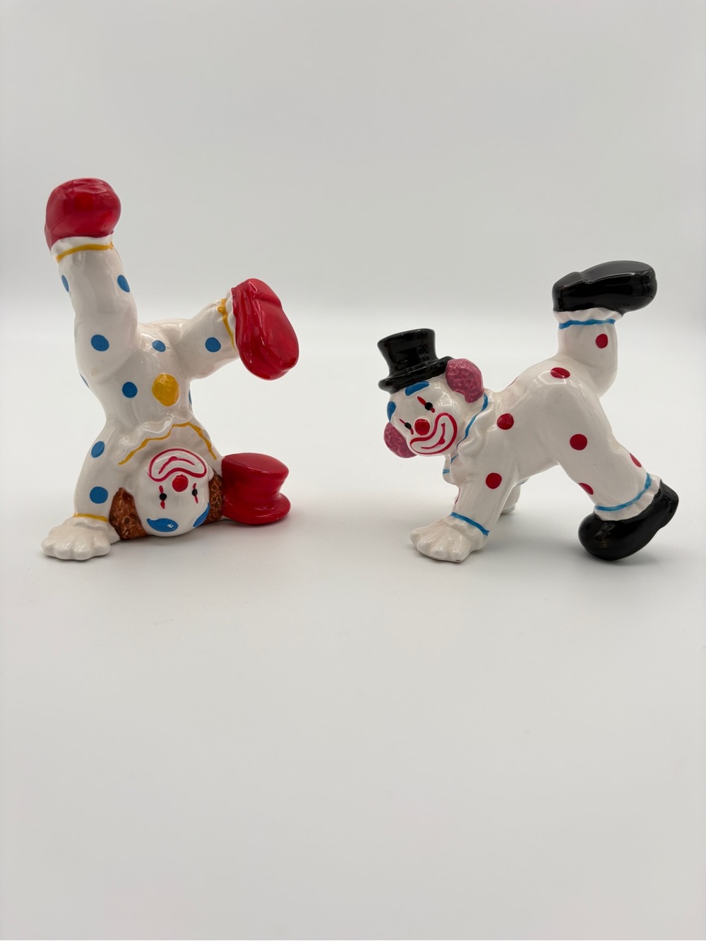 Japan Ceramic Tumbling Clowns Pair Circus Polka Dot